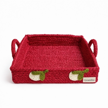 Crimson Jute Serving Tray - Rectangular with Handles