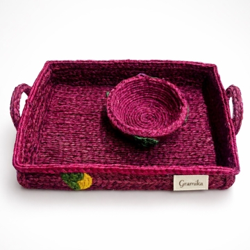 Maroon Jute Vanity Tray &amp; Ring Dish Set - Storage Organizer